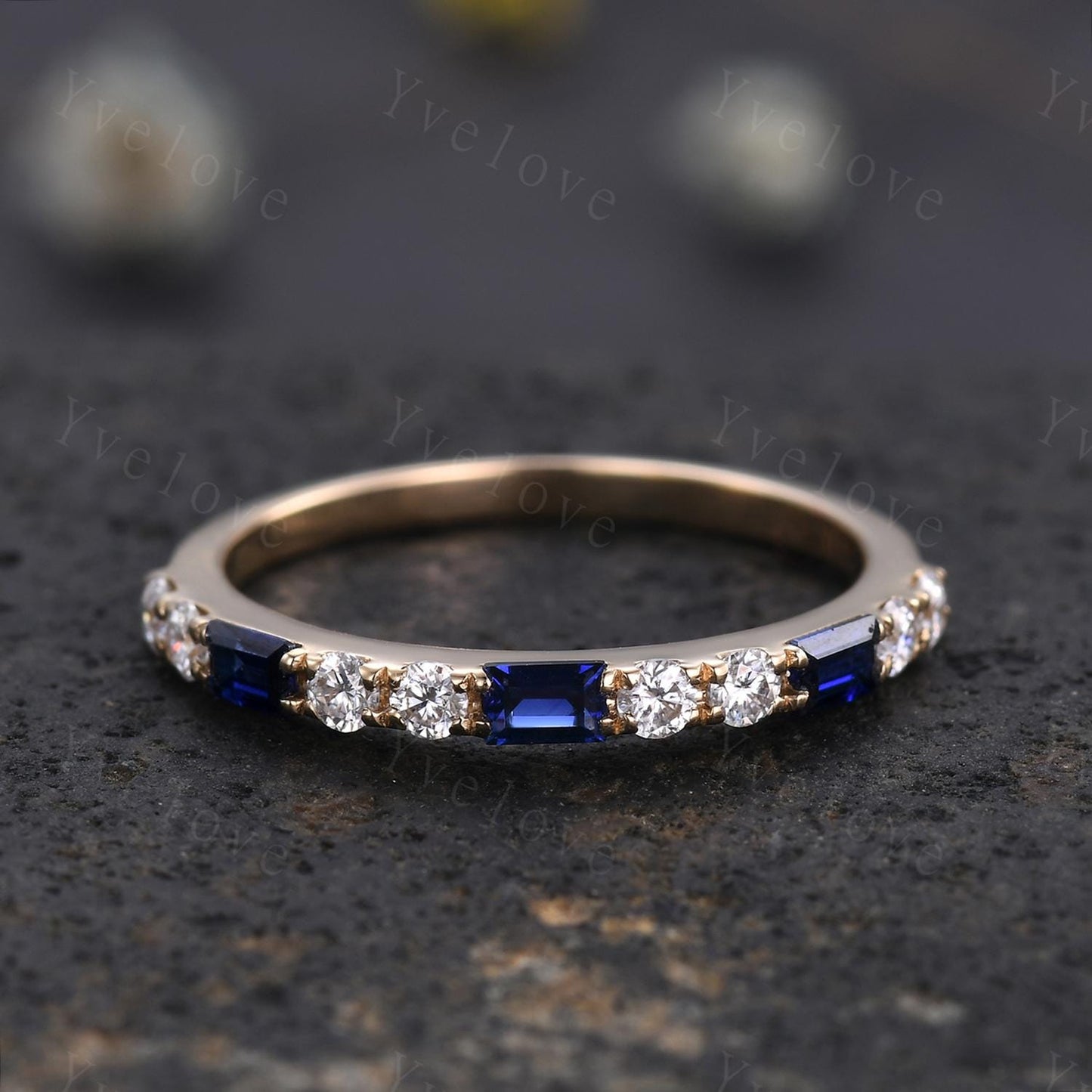 Baguette Cut Sapphire and Diamond Wedding Ring Half Eternity Band Stacking Matching Ring 14K White Gold Anniversary Gift For Her Customized