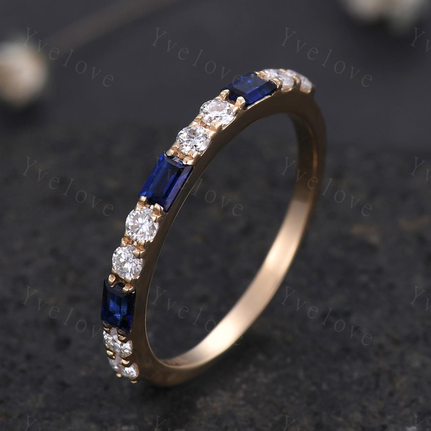 Baguette Cut Sapphire and Diamond Wedding Ring Half Eternity Band Stacking Matching Ring 14K White Gold Anniversary Gift For Her Customized