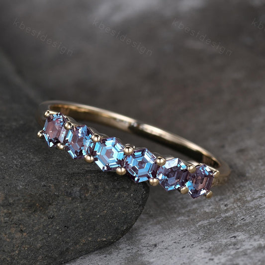 Hexagon cut Alexandrite wedding ring Unique 14k solid gold wedding band 6-stone ring Minimalist Bridal matching stackable band June ring