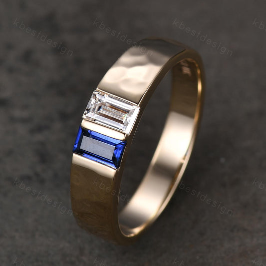 Baguette Blue Sapphire Moissanite Wedding Band Mens Gemstone Wedding Ring 5MM Solid Gold Ring Mens Hammered Stacking Band Personalized Ring