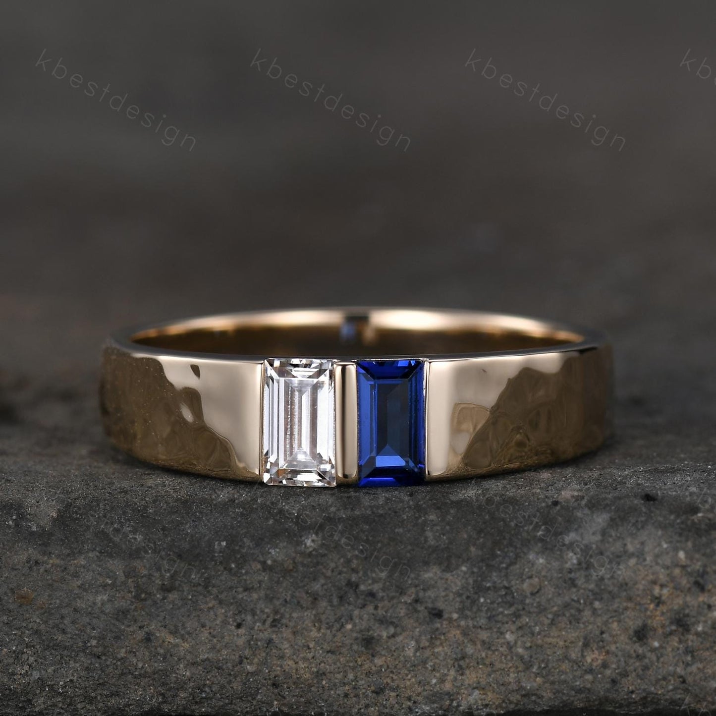 Baguette Blue Sapphire Moissanite Wedding Band Mens Gemstone Wedding Ring 5MM Solid Gold Ring Mens Hammered Stacking Band Personalized Ring