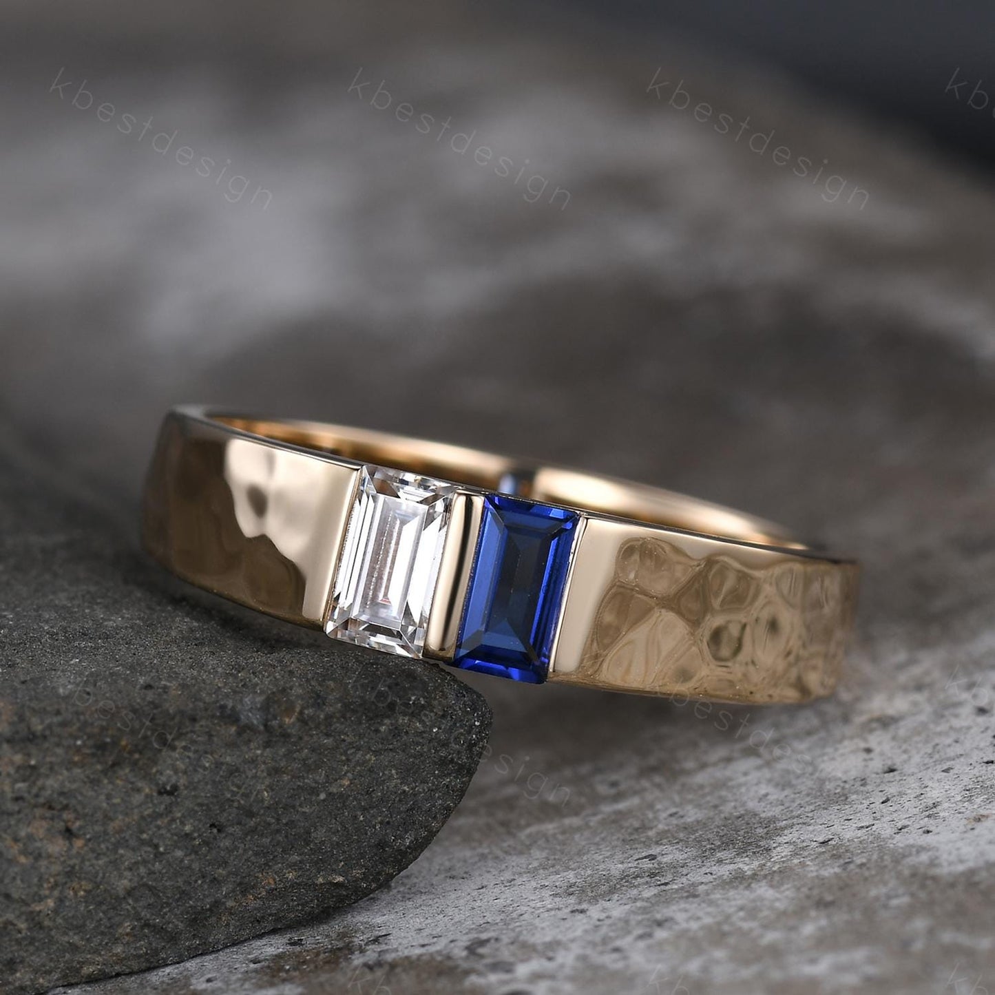 Baguette Blue Sapphire Moissanite Wedding Band Mens Gemstone Wedding Ring 5MM Solid Gold Ring Mens Hammered Stacking Band Personalized Ring