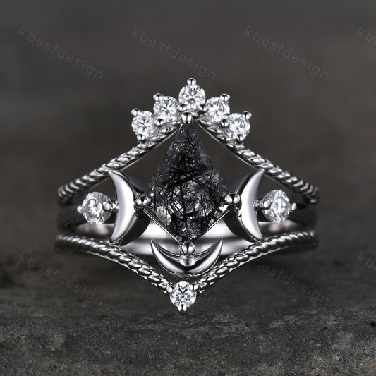 3PCS black rutilated quartz engagement ring set unique moon goddess ring art deco curved mopissanite stacking bridal promise wedding set