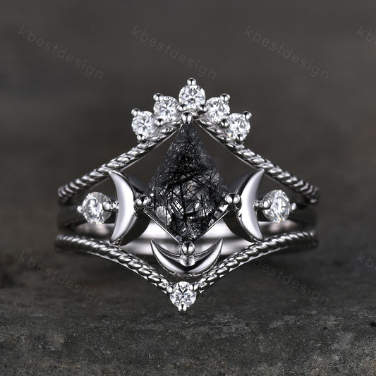3PCS black rutilated quartz engagement ring set unique moon goddess ring art deco curved mopissanite stacking bridal promise wedding set