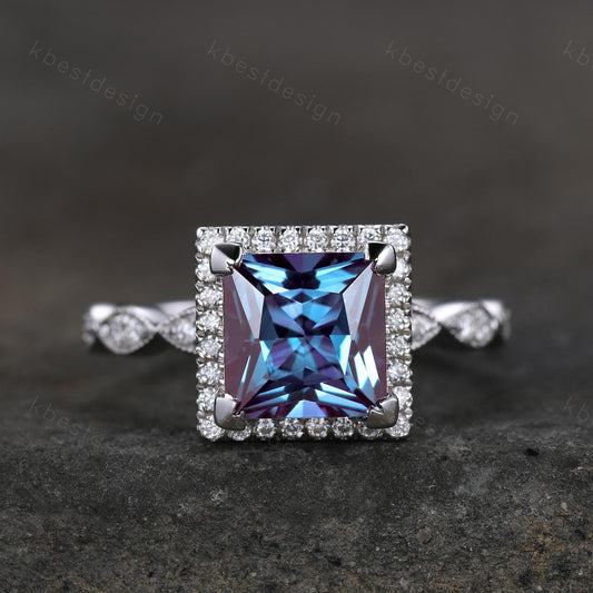 7mm Princess cut Alexandrite Engagement Ring Unique Art Deco Moissanite Halo Ring Square Ring Alexandrite Bridal Jewelry June Promise Ring