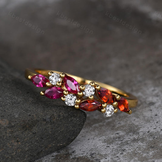Ruby Garnet cluster wedding band Yellow gold marquise cut wedding band Vintage Moissanite ring family gemstone ring Anniversary gift for her