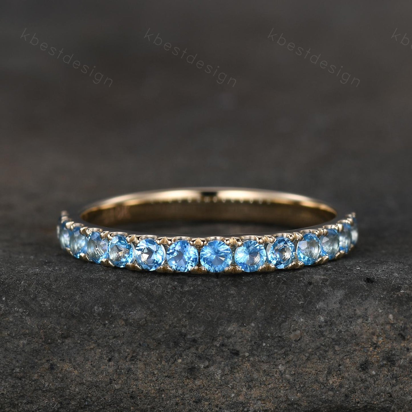 2mm Blue Topaz Wedding Band 14K Solid Gold Half Eternity Stacking Band December Wedding Band Women Matching Band Promise Anniversary Gift