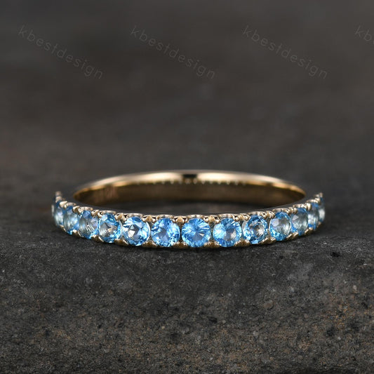 2mm Blue Topaz Wedding Band 14K Solid Gold Half Eternity Stacking Band December Wedding Band Women Matching Band Promise Anniversary Gift