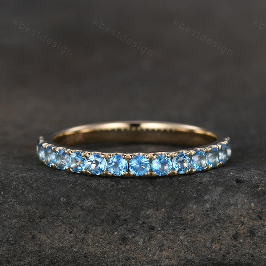 2mm Blue Topaz Wedding Band 14K Solid Gold Half Eternity Stacking Band December Wedding Band Women Matching Band Promise Anniversary Gift