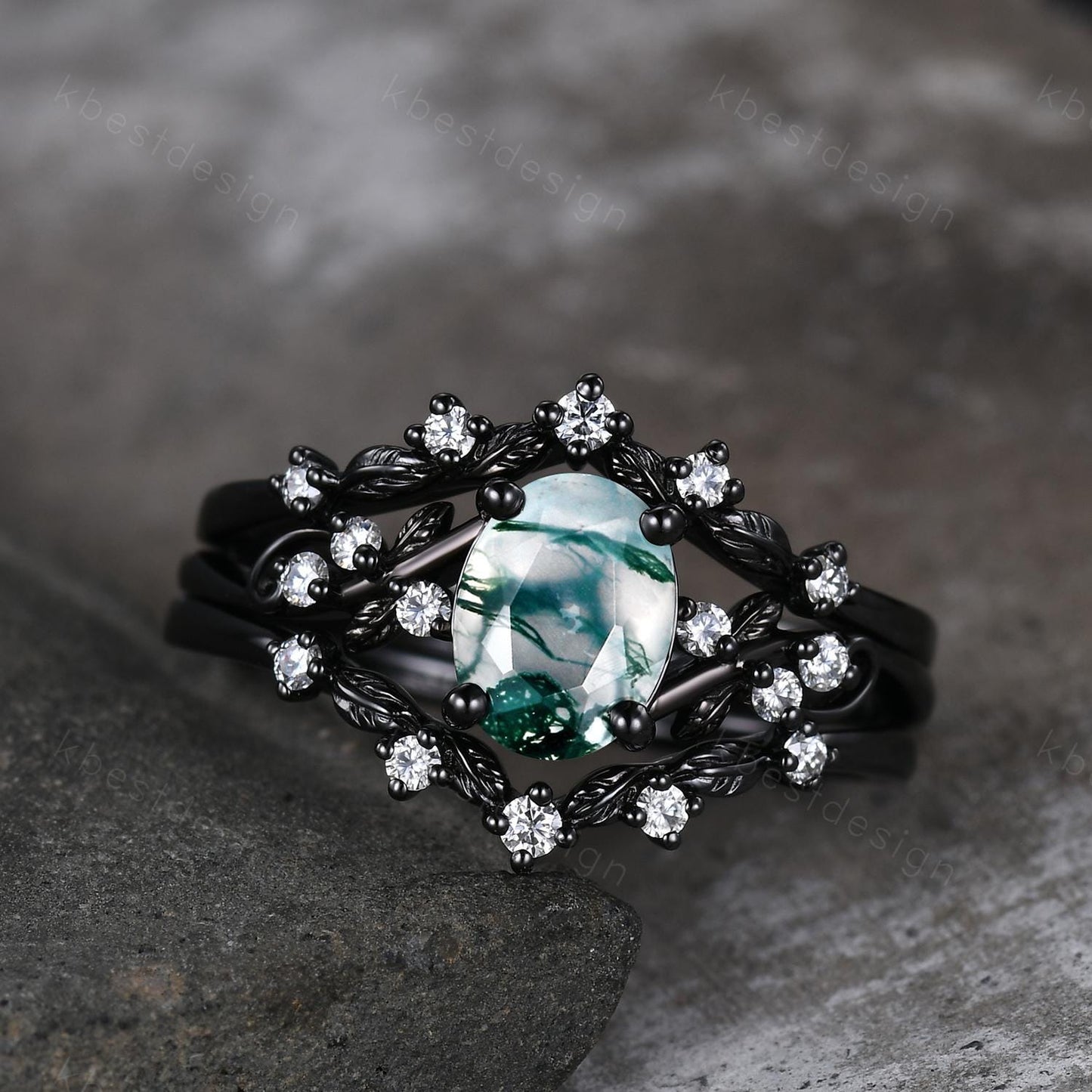3PCS oval moss agate engagement ring set black gold twig leaf moissanite ring nature branch ring unique art deco bridal wedding ring set