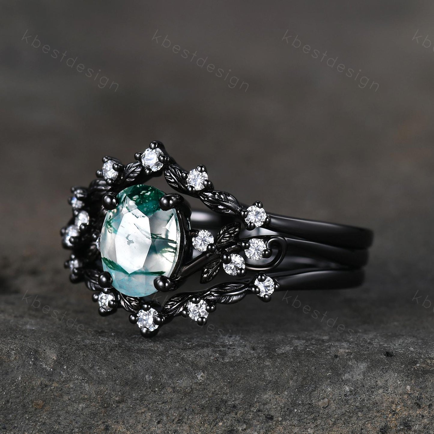 3PCS oval moss agate engagement ring set black gold twig leaf moissanite ring nature branch ring unique art deco bridal wedding ring set