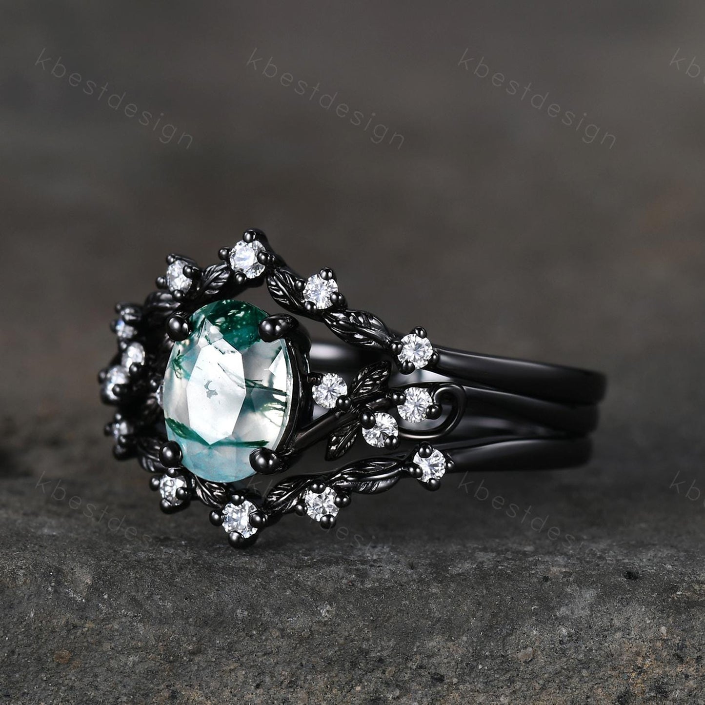 3PCS oval moss agate engagement ring set black gold twig leaf moissanite ring nature branch ring unique art deco bridal wedding ring set