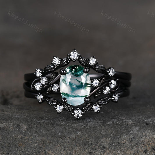 3PCS oval moss agate engagement ring set black gold twig leaf moissanite ring nature branch ring unique art deco bridal wedding ring set