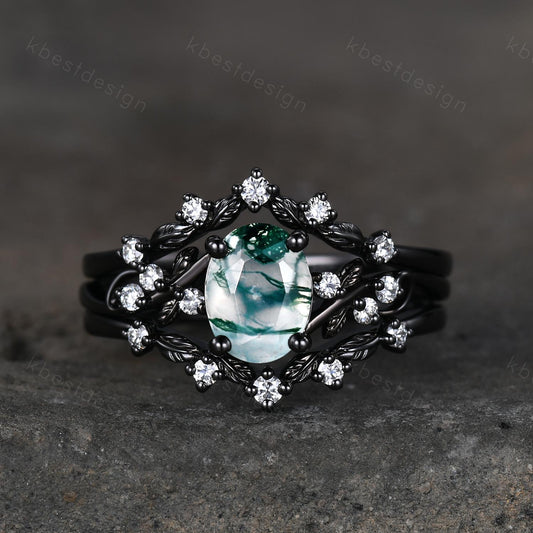 3PCS oval moss agate engagement ring set black gold twig leaf moissanite ring nature branch ring unique art deco bridal wedding ring set