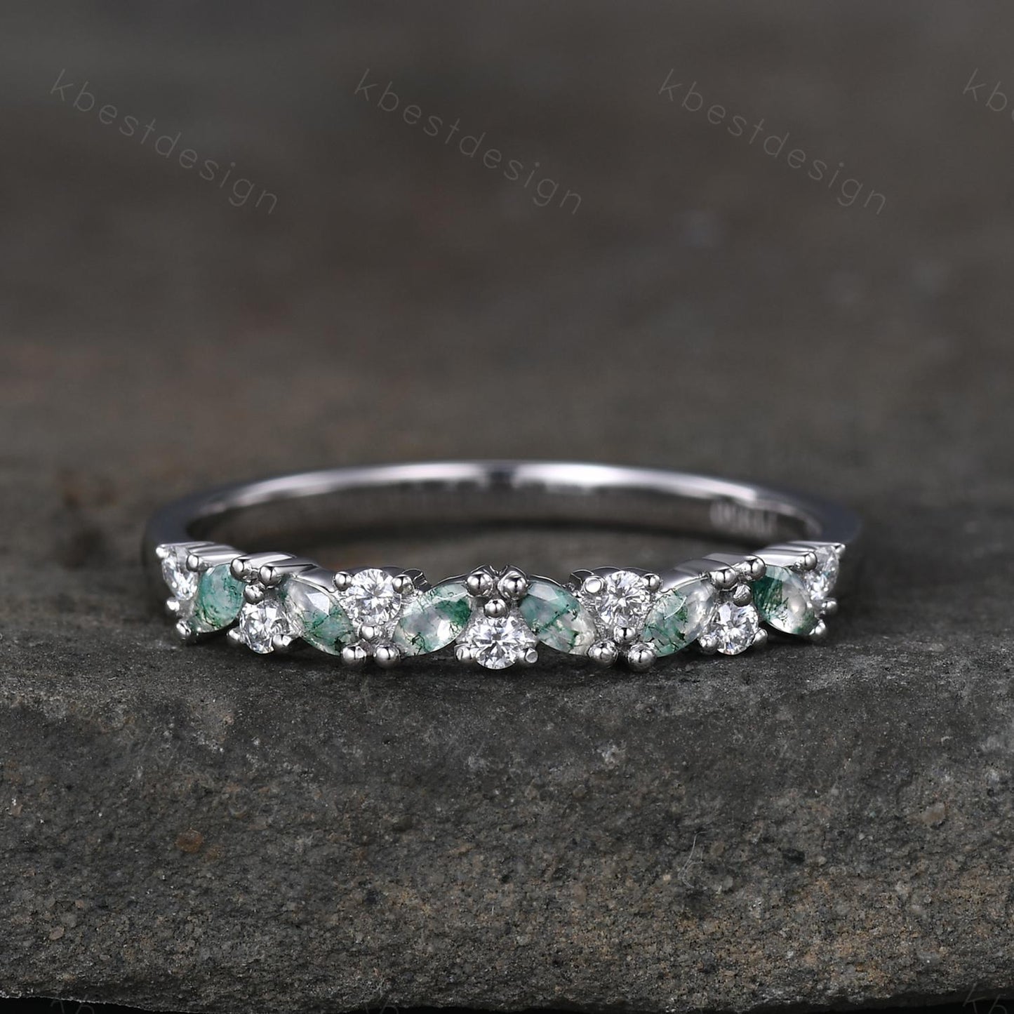 Moss agate cluster wedding band Unique marquise cut gem wedding band Vintage Moissanite ring Solid white gold ring Anniversary gift for Her