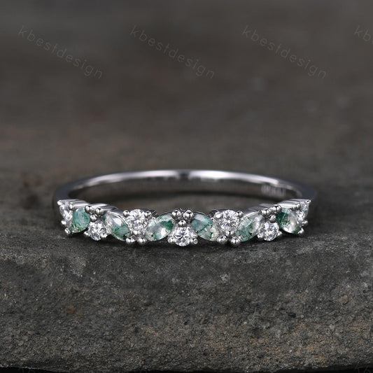 Moss agate cluster wedding band Unique marquise cut gem wedding band Vintage Moissanite ring Solid white gold ring Anniversary gift for Her