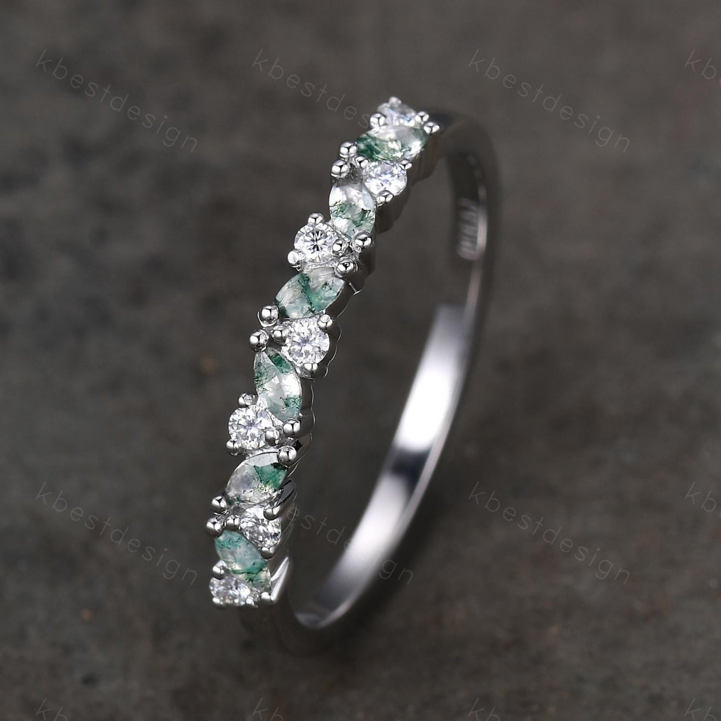 Moss agate cluster wedding band Unique marquise cut gem wedding band Vintage Moissanite ring Solid white gold ring Anniversary gift for Her