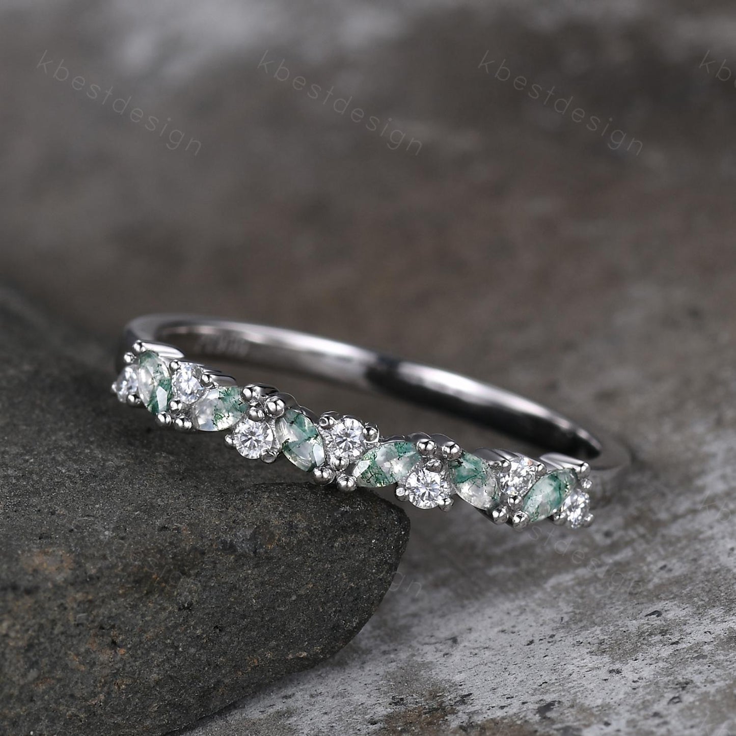 Moss agate cluster wedding band Unique marquise cut gem wedding band Vintage Moissanite ring Solid white gold ring Anniversary gift for Her