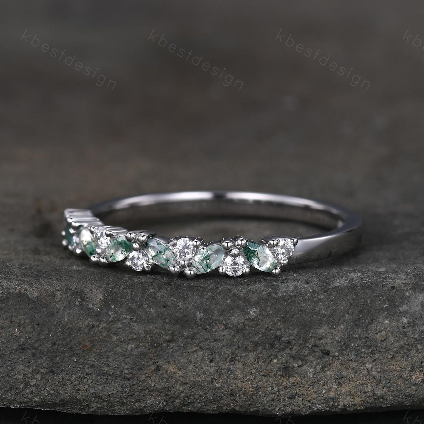 Moss agate cluster wedding band Unique marquise cut gem wedding band Vintage Moissanite ring Solid white gold ring Anniversary gift for Her
