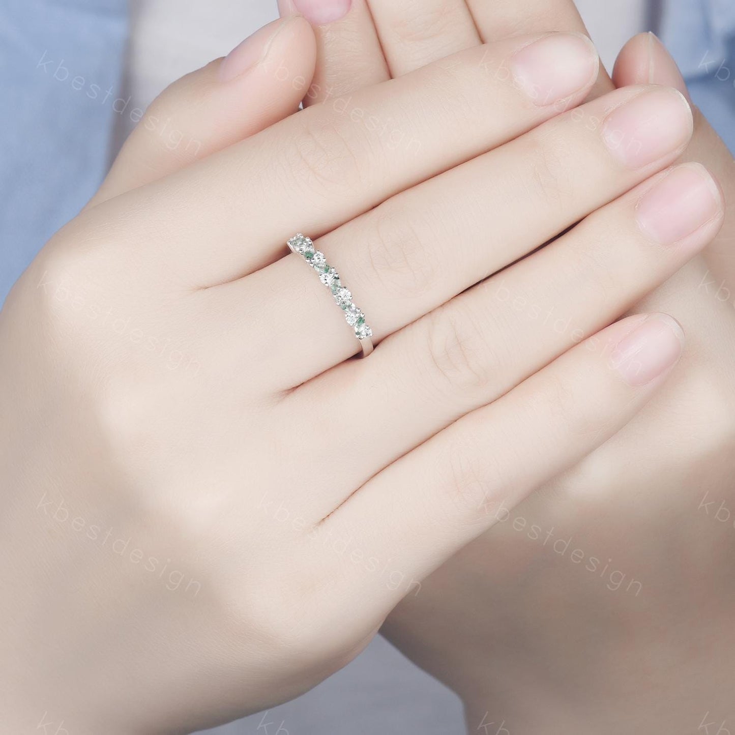 Moss agate cluster wedding band Unique marquise cut gem wedding band Vintage Moissanite ring Solid white gold ring Anniversary gift for Her