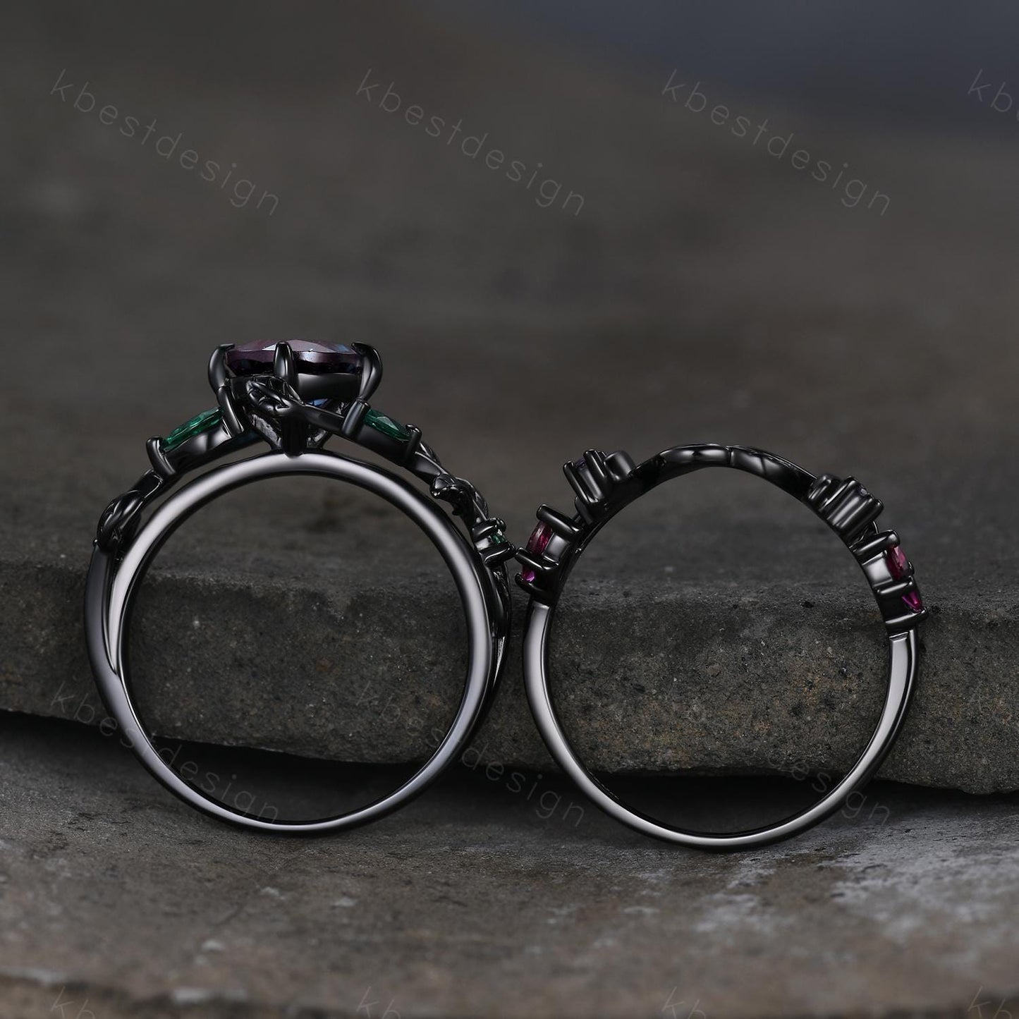 Vintage round cut alexandrite engagement ring black gold art deco cluster leaf wedding ring set multi stone ring bridal promise ring for her