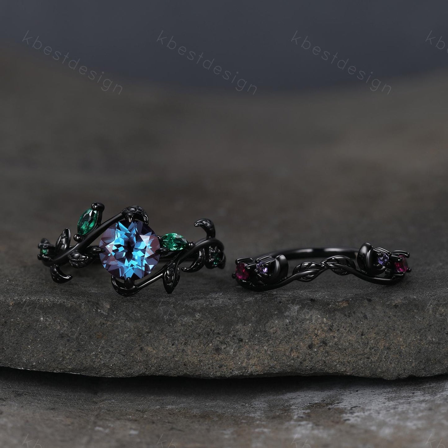 Vintage round cut alexandrite engagement ring black gold art deco cluster leaf wedding ring set multi stone ring bridal promise ring for her
