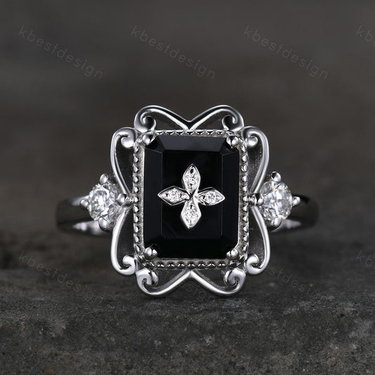 Antique black onyx engagement ring 7x9mm emerald cut gemstone statement ring sterling silver ring for women vintage bridal promise ring
