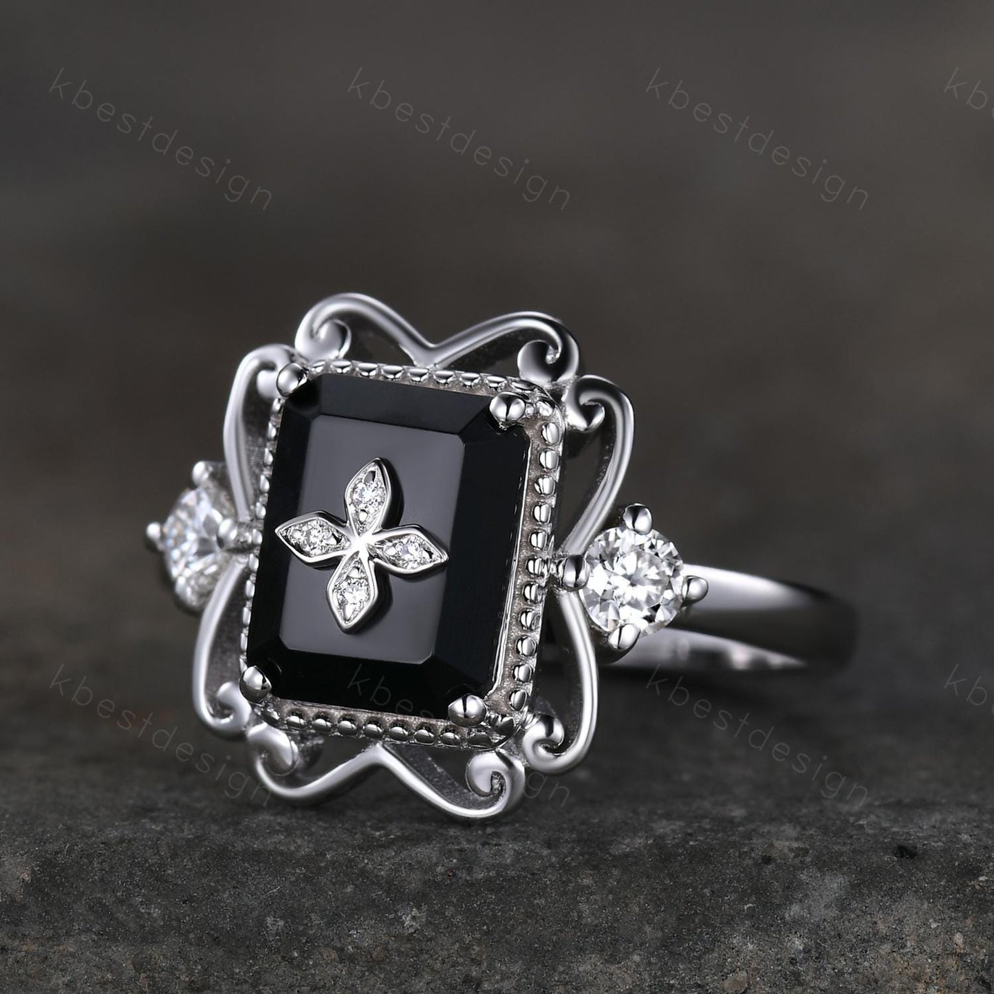 Antique black onyx engagement ring 7x9mm emerald cut gemstone statement ring sterling silver ring for women vintage bridal promise ring