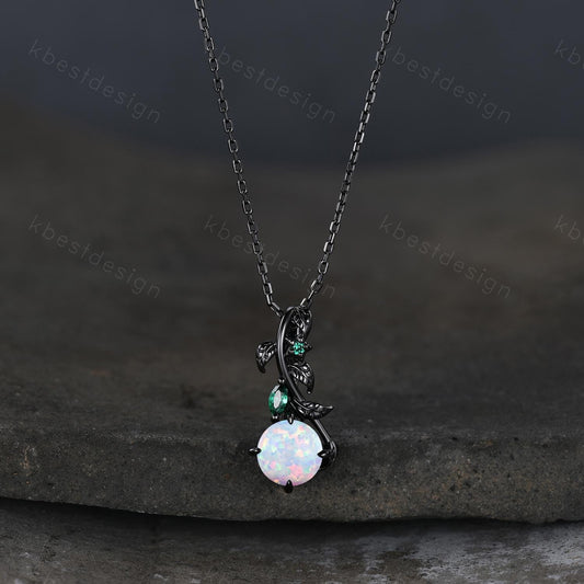 Round cut white opal necklace women black gold pendant necklace unique gothic pendant art deco emerald leaf necklace anniversary gift