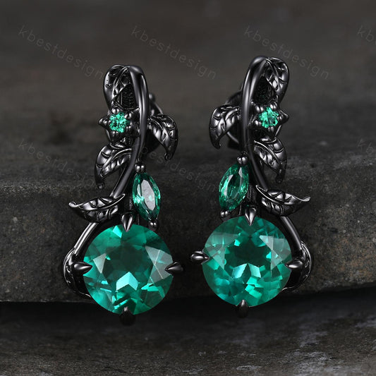 Nature inspired Emerald earrings women black gold earring studs leaf style unique earrings art deco studs anniversary gift for her