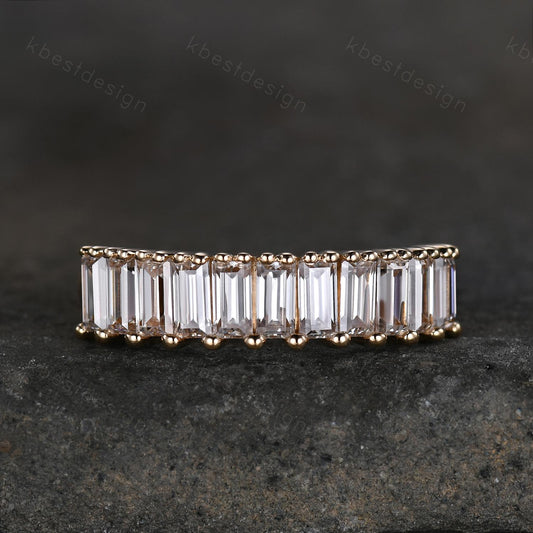 Baguette cut Moissanite wedding band women Vintage Half eternity band Yellow gold wedding band Unique Stacking Matching bridal promise ring