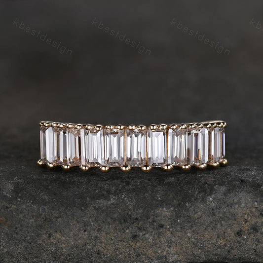 Baguette cut Moissanite wedding band women Vintage Half eternity band Yellow gold wedding band Unique Stacking Matching bridal promise ring