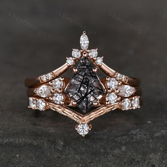 3PCS Vintage black rutilated quartz engagement ring rose gold ring art deco curved bands kite cut bridal set unique moissanite wedding set
