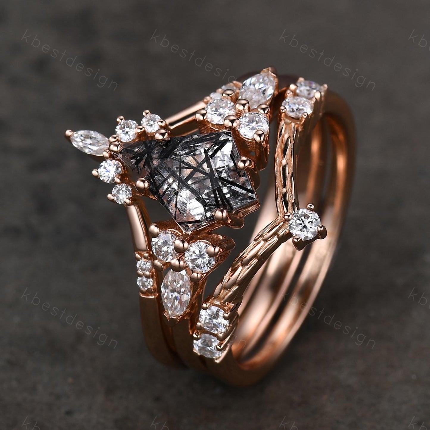 3PCS Vintage black rutilated quartz engagement ring rose gold ring art deco curved bands kite cut bridal set unique moissanite wedding set