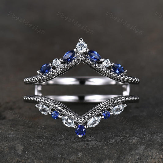 Unique curved Blue Sapphire wedding band art deco double curved aquamarine stacking band vintage marquise enhancer bridal promise ring