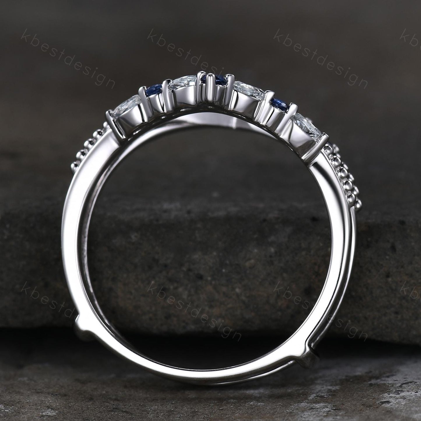 Unique curved Blue Sapphire wedding band art deco double curved aquamarine stacking band vintage marquise enhancer bridal promise ring