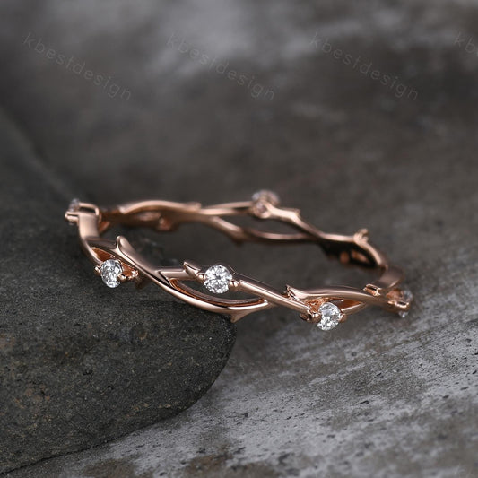 Twig moissanite wedding band rose gold art deco wedding ring for women twisted eternity stacking band unique branch ring anniversary gift