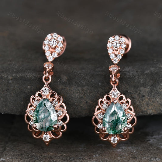Antique Moss Agate Drop Earrings, Natural Moss Agate Dangle Earrings, Celestial Jewelry, Best Friend Gift, Unique Bridal Jewelry