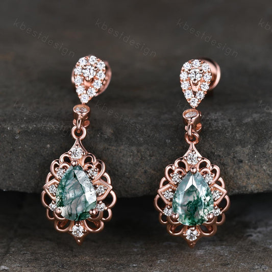 Antique Moss Agate Drop Earrings, Natural Moss Agate Dangle Earrings, Celestial Jewelry, Best Friend Gift, Unique Bridal Jewelry