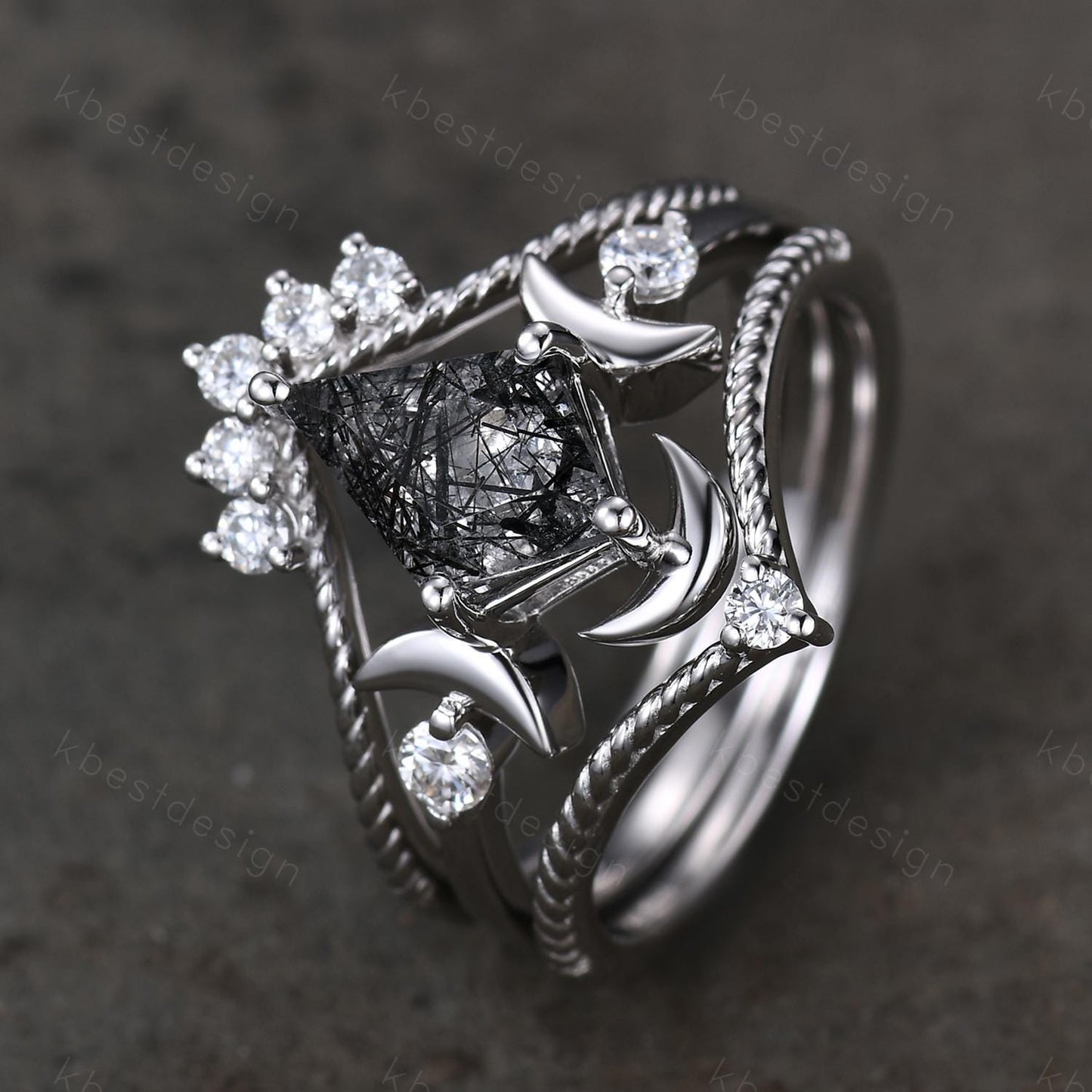 3PCS black rutilated quartz engagement ring set unique moon goddess ring art deco curved mopissanite stacking bridal promise wedding set