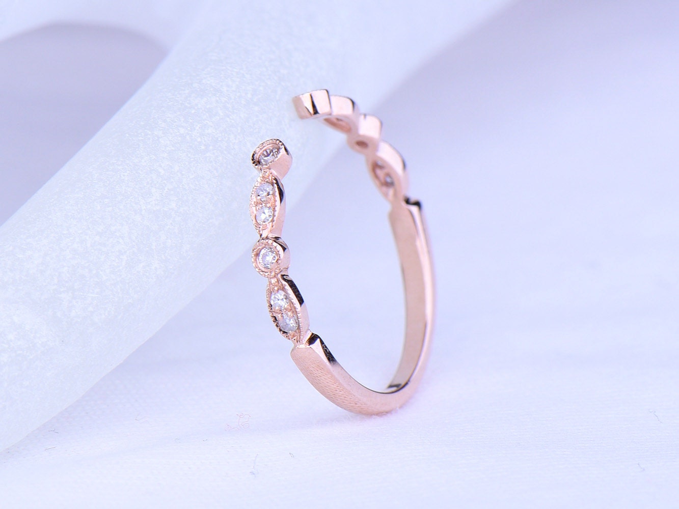 Diamond ring diamond wedding band open gap stacking matching band 14k rose gold ring Marquise set Milgrain style ring promise ring