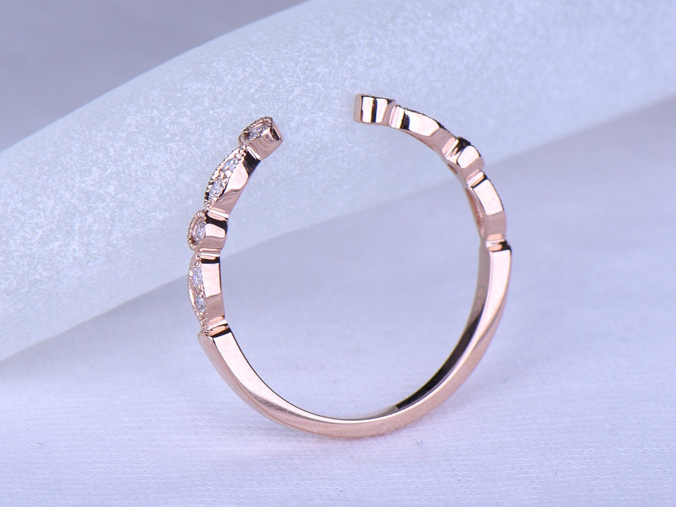 Diamond ring diamond wedding band open gap stacking matching band 14k rose gold ring Marquise set Milgrain style ring promise ring